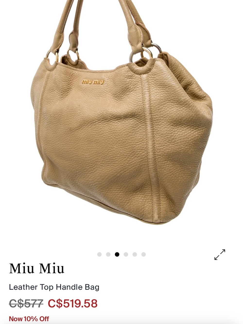 Miu Miu Olive Taupe Pebbled Leather Top Handle Tote - Picture 2 of 7